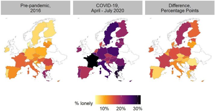 Three maps of Europe showing the share of people reporting loneliness in 2016, during COVID-19, and the difference