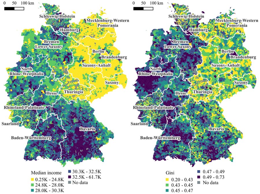 Two maps of German municipalities, one shaded by median income and one by the Gini coefficient